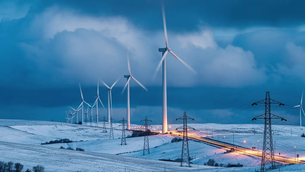 Parc éolien enneigé au crépuscule avec lignes électriques haute tension illuminées en arrière-plan
