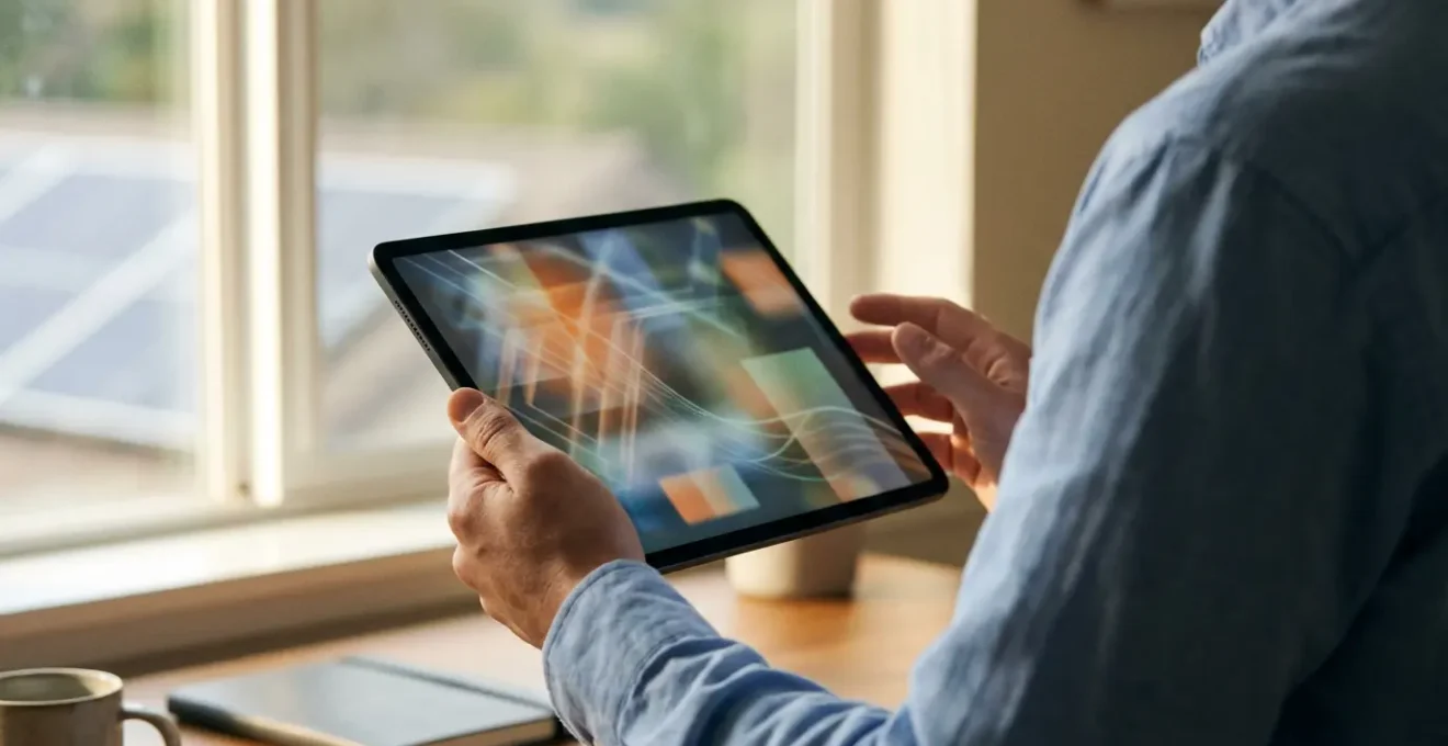 Main utilisant une tablette pour déclarer la production solaire