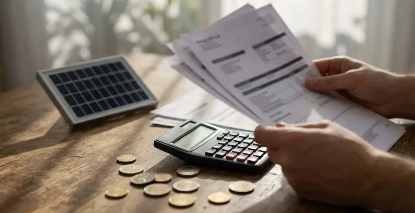 Gros plan sur des mains tenant des documents financiers avec calculatrice sur bureau ensoleillé