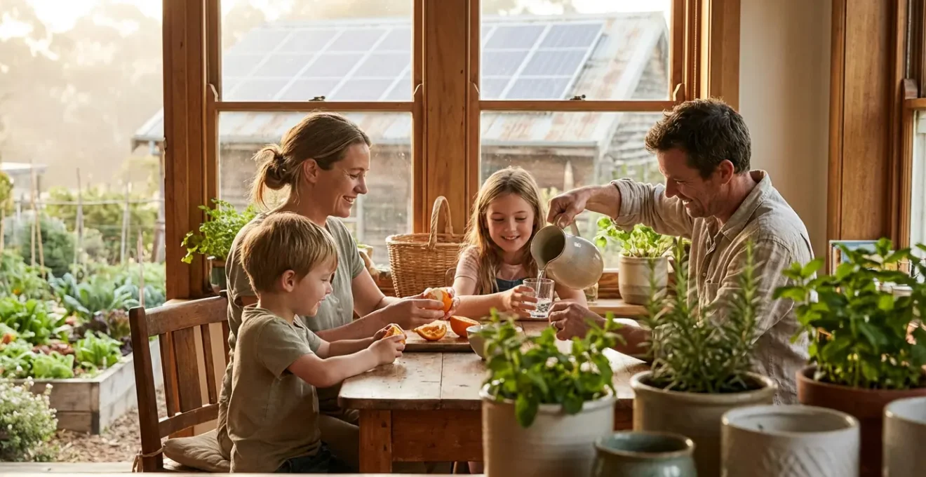 Famille de quatre personnes dans leur maison écologique avec panneaux solaires et jardin potager