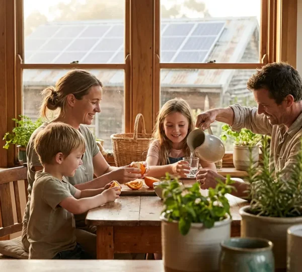 Famille de quatre personnes dans leur maison écologique avec panneaux solaires et jardin potager