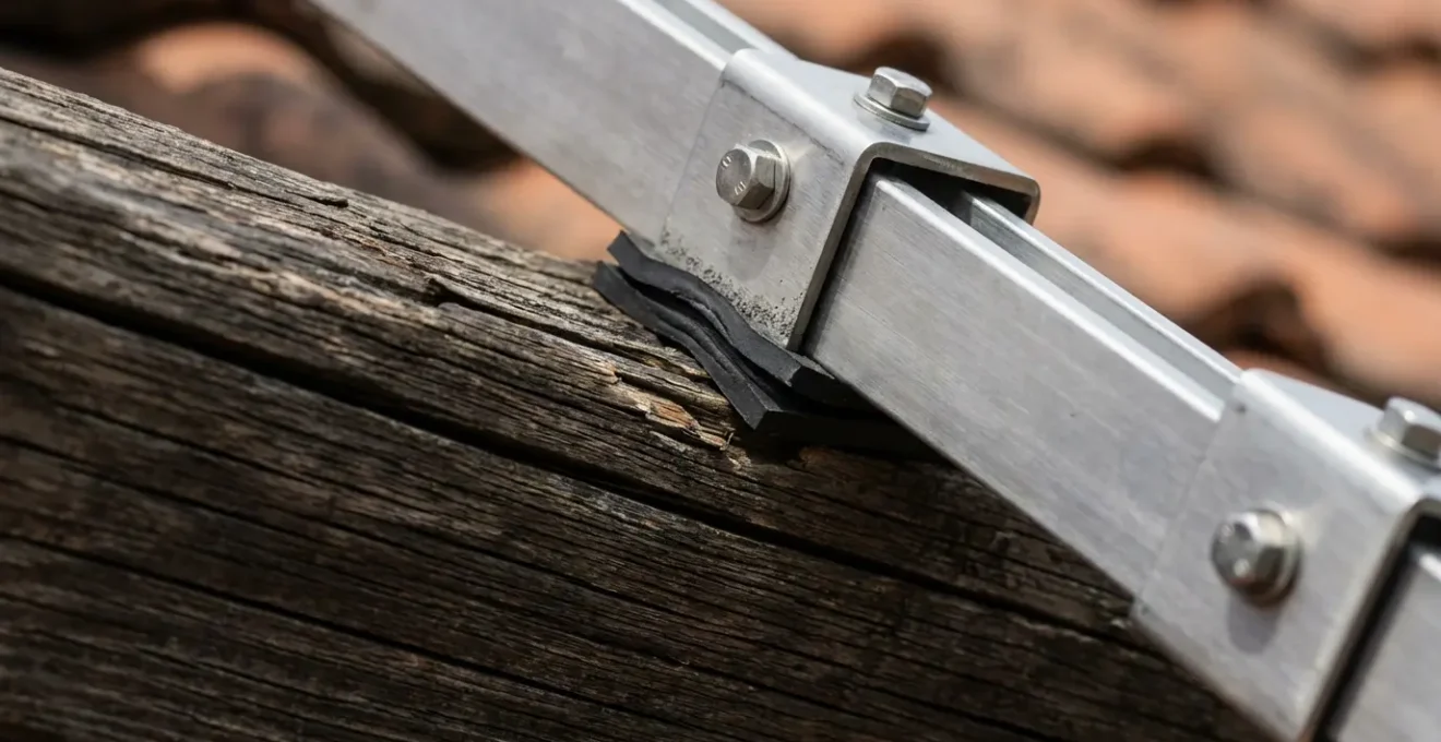 Vue macro détaillée d'un système de fixation de panneau solaire sur chevron avec joint EPDM