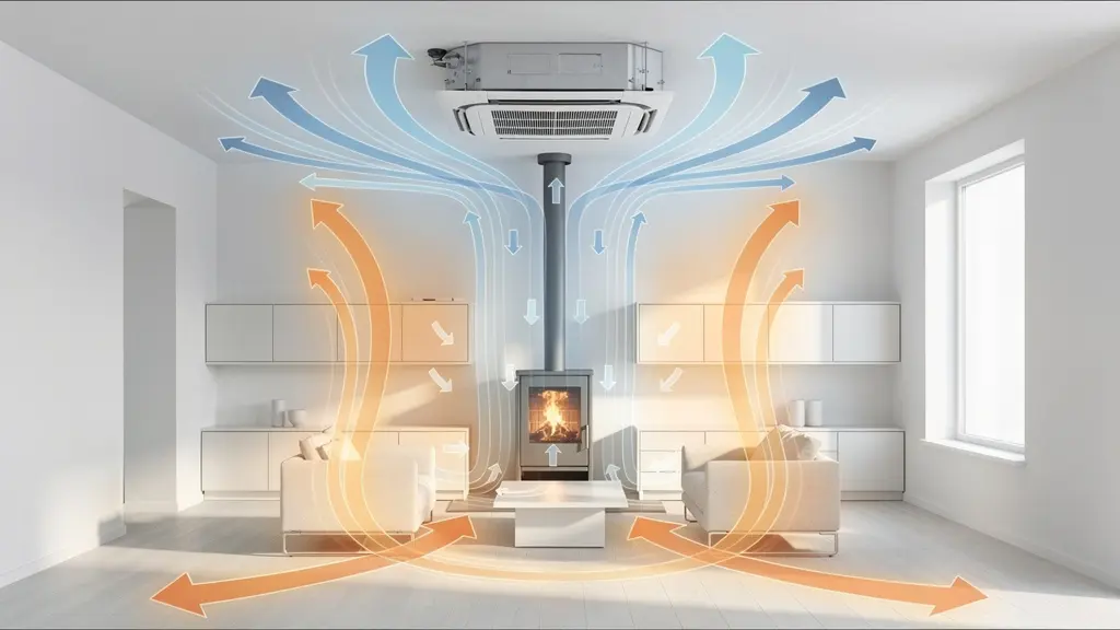 Vue en coupe d'une maison montrant les flux d'air contradictoires entre VMC et poêle