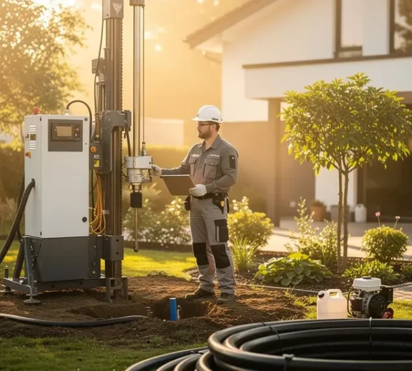 Installation de sondes géothermiques verticales dans un jardin résidentiel avec foreuse et maison en arrière-plan