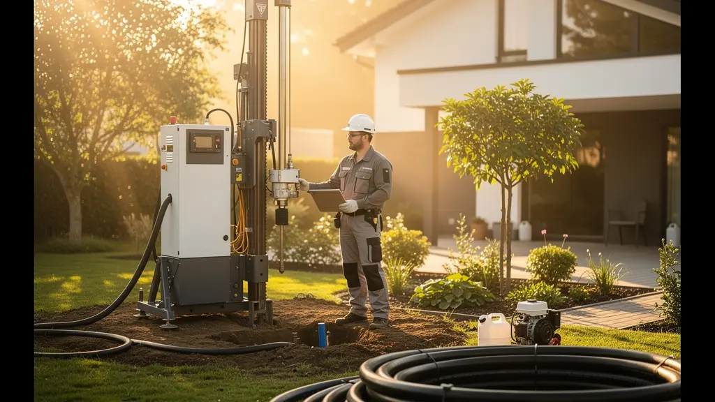 Installation de sondes géothermiques verticales dans un jardin résidentiel avec foreuse et maison en arrière-plan