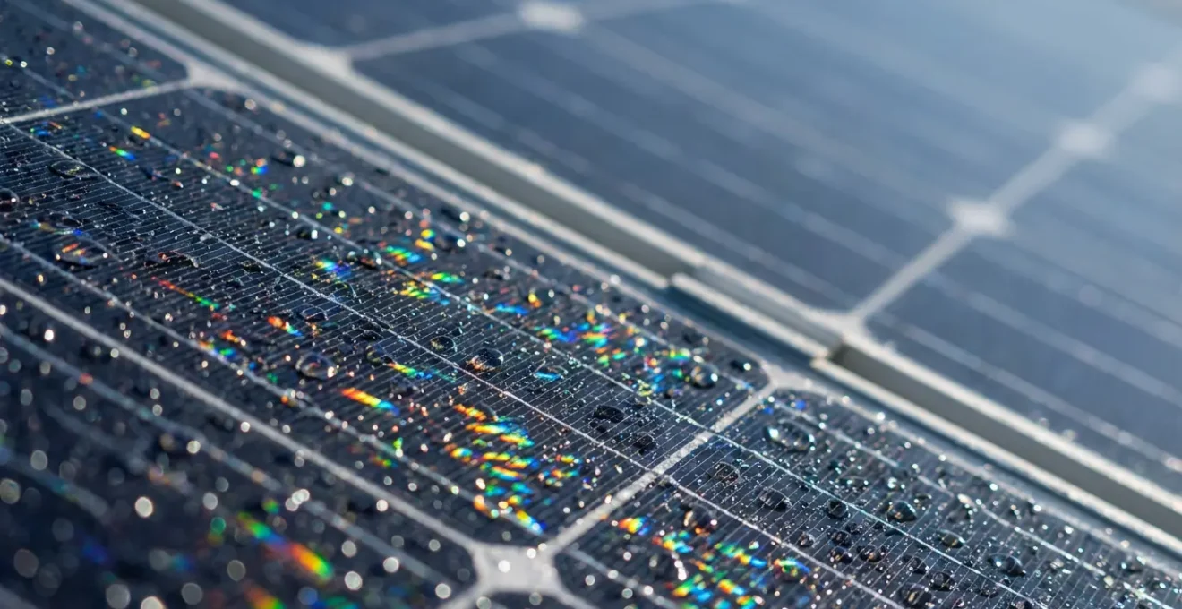 Vue aérienne d'une maison avec panneaux solaires et flux énergétiques optimisés