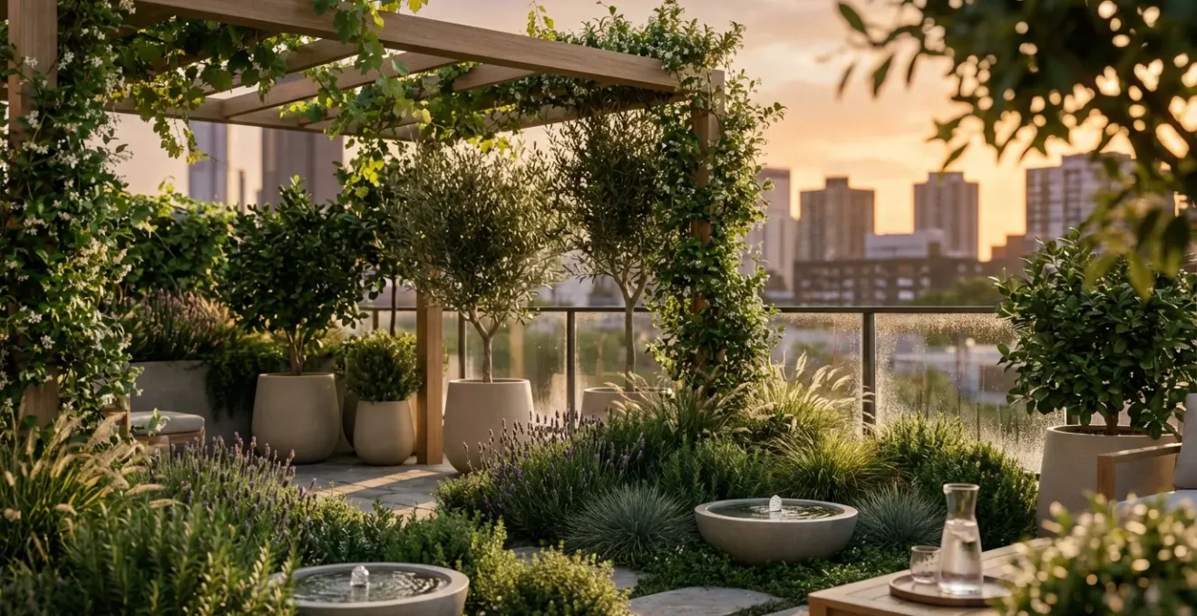 Vue d'une terrasse végétalisée en milieu urbain créant un îlot de fraîcheur avec pergola bioclimatique et plantes grimpantes