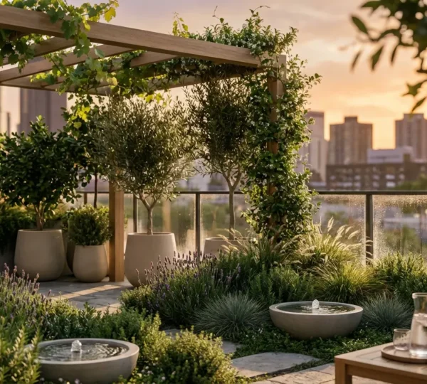 Vue d'une terrasse végétalisée en milieu urbain créant un îlot de fraîcheur avec pergola bioclimatique et plantes grimpantes