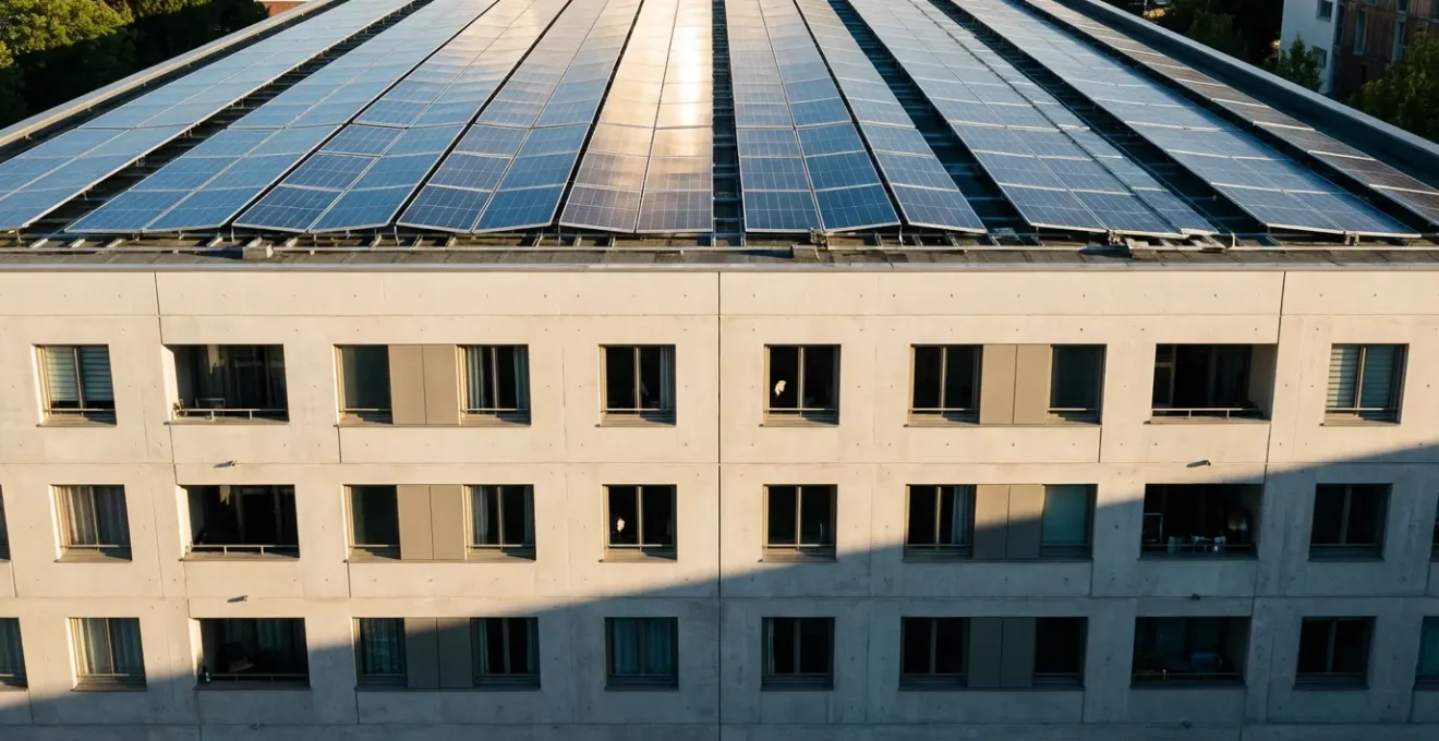 Immeuble de logements sociaux moderne avec installation photovoltaïque complète sur le toit
