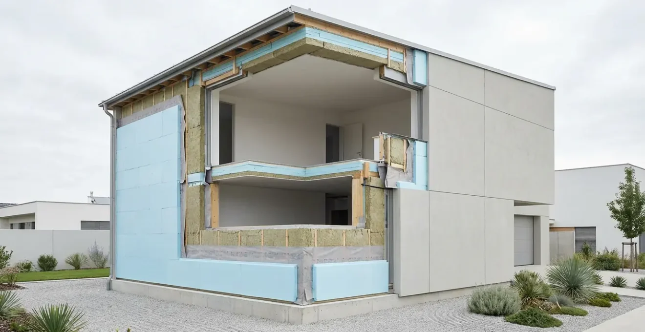 Vue en coupe d'une maison avec ITE montrant le traitement des ponts thermiques au niveau du plancher