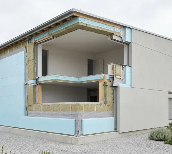 Vue en coupe d'une maison avec ITE montrant le traitement des ponts thermiques au niveau du plancher