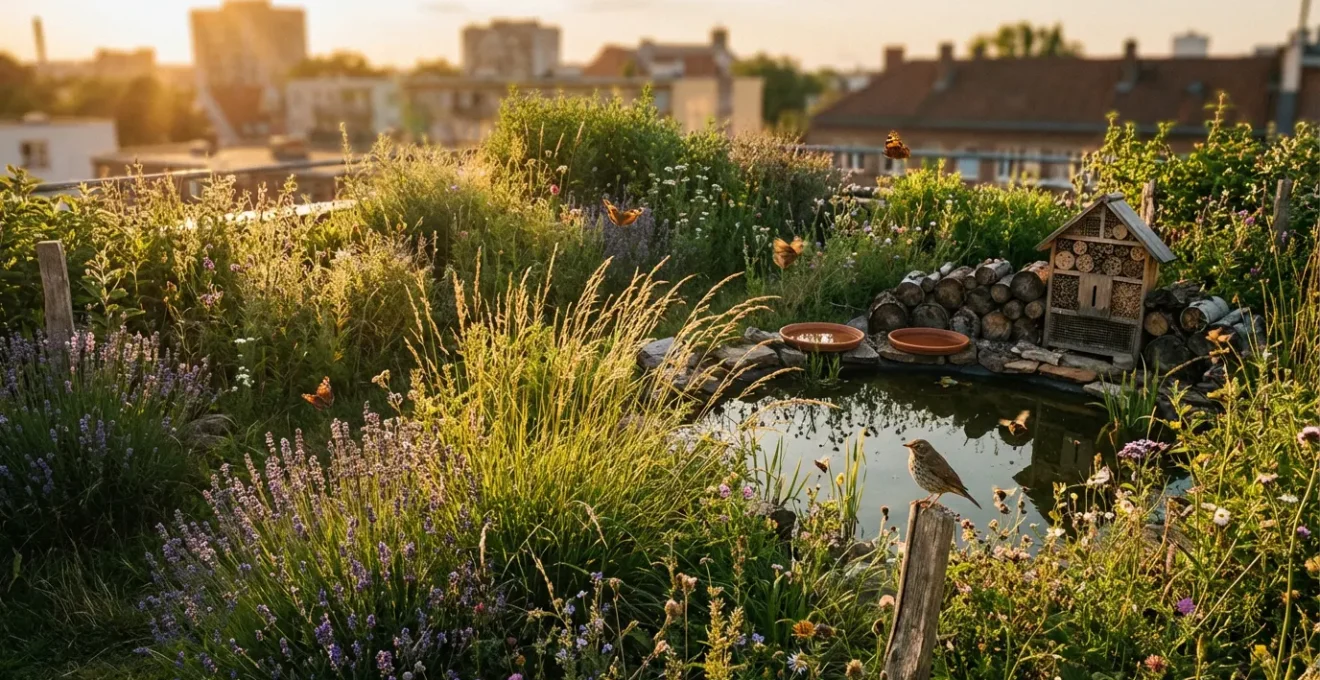 Vue aérienne d'un jardin urbain luxuriant transformé en oasis de biodiversité avec espaces sauvages et aménagements naturels