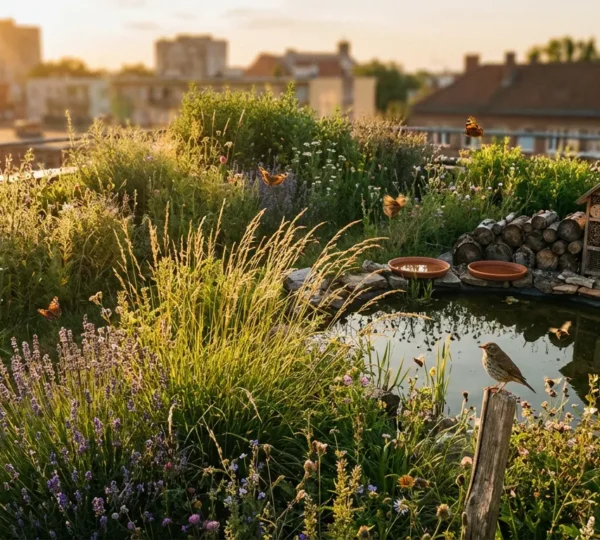 Vue aérienne d'un jardin urbain luxuriant transformé en oasis de biodiversité avec espaces sauvages et aménagements naturels