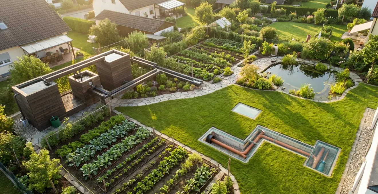 Vue aérienne d'un jardin de 500m² avec système de récupération d'eau de pluie et irrigation intégrée