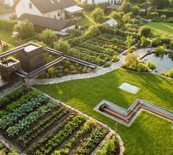 Vue aérienne d'un jardin de 500m² avec système de récupération d'eau de pluie et irrigation intégrée
