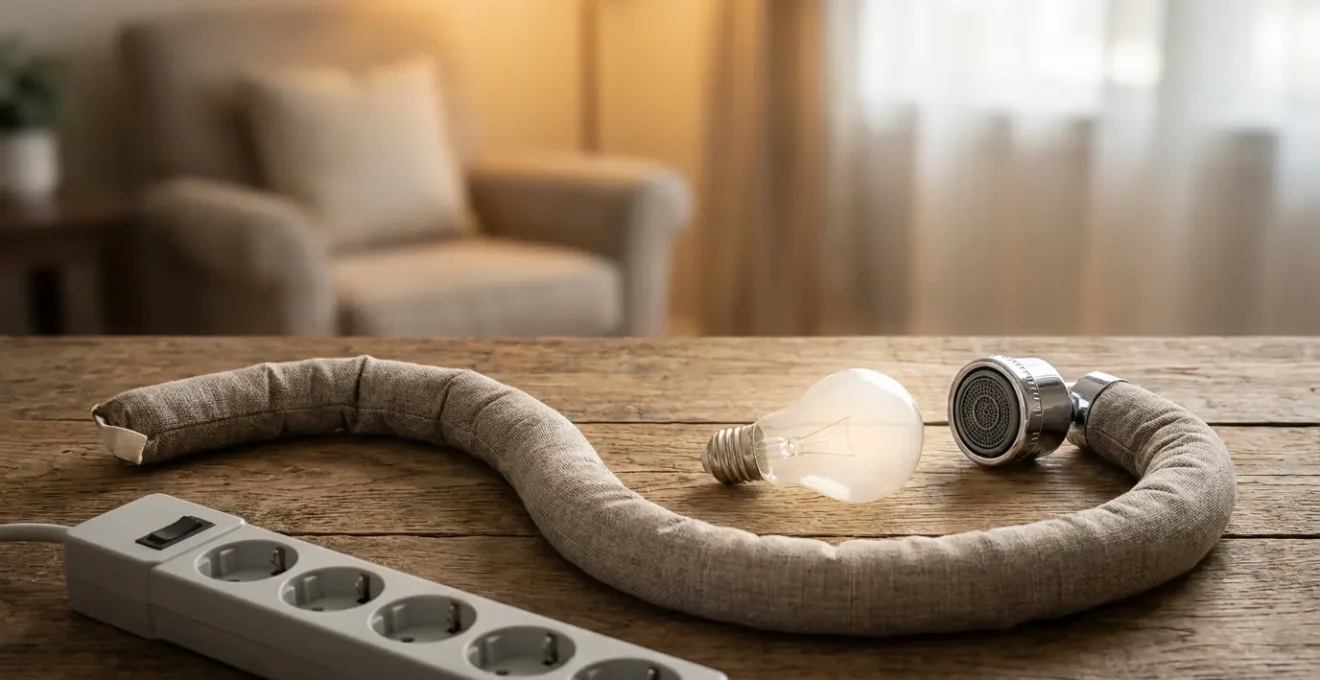 Ensemble d'accessoires économes disposés sur une table en bois