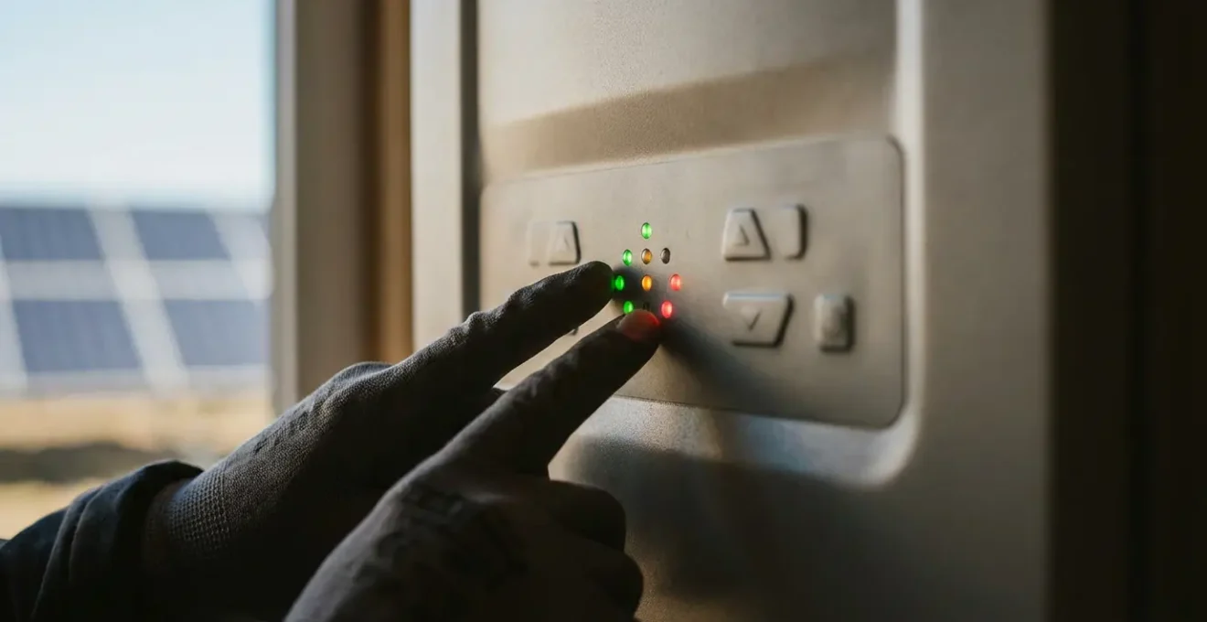 Vue détaillée des voyants lumineux et boutons de contrôle d'un onduleur photovoltaïque
