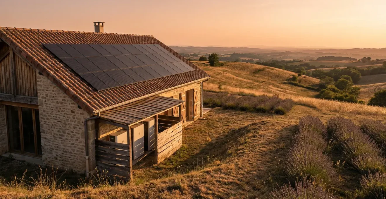 Maison avec système photovoltaïque autonome et batteries de stockage dans la campagne française