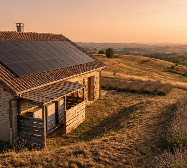 Maison avec système photovoltaïque autonome et batteries de stockage dans la campagne française