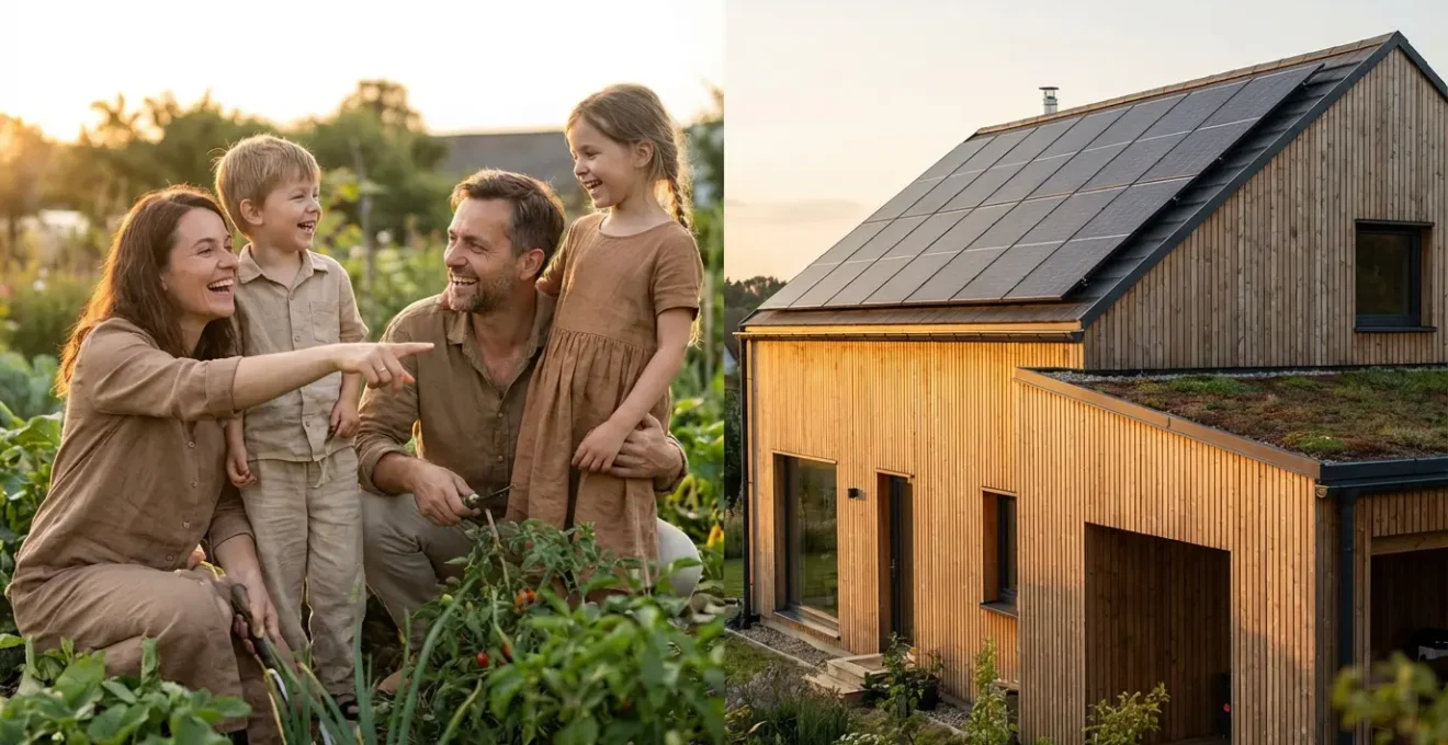 Vue d'ensemble d'une maison moderne autonome en énergie avec panneaux solaires et jardin verdoyant