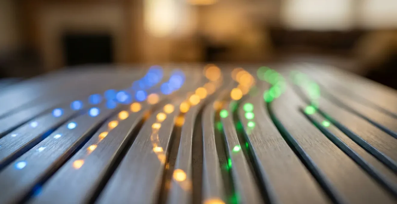 Salon moderne avec éclairage tamisé automatique et appareils connectés discrets dans l'ambiance du soir