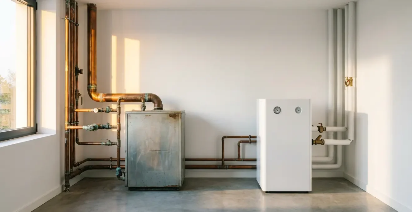 Maison moderne avec système de chauffage hybride montrant la transition entre chaudière gaz et pompe à chaleur