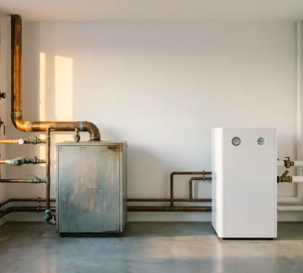 Maison moderne avec système de chauffage hybride montrant la transition entre chaudière gaz et pompe à chaleur