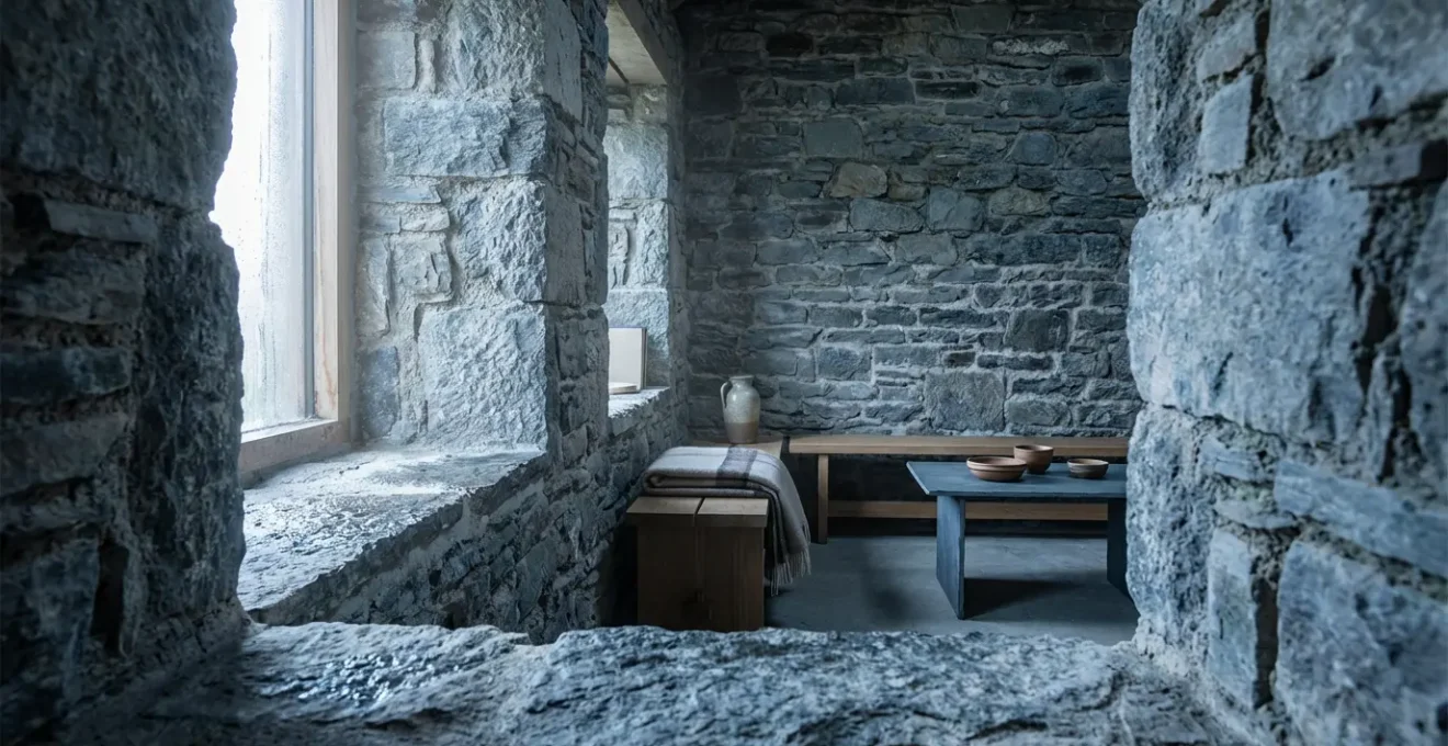 Vue intérieure d'une maison ancienne en pierre montrant l'épaisseur des murs et la fraîcheur naturelle