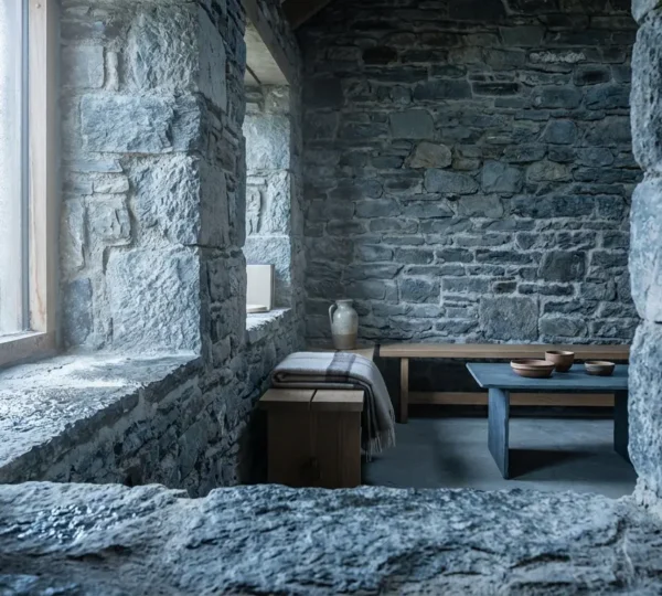Vue intérieure d'une maison ancienne en pierre montrant l'épaisseur des murs et la fraîcheur naturelle