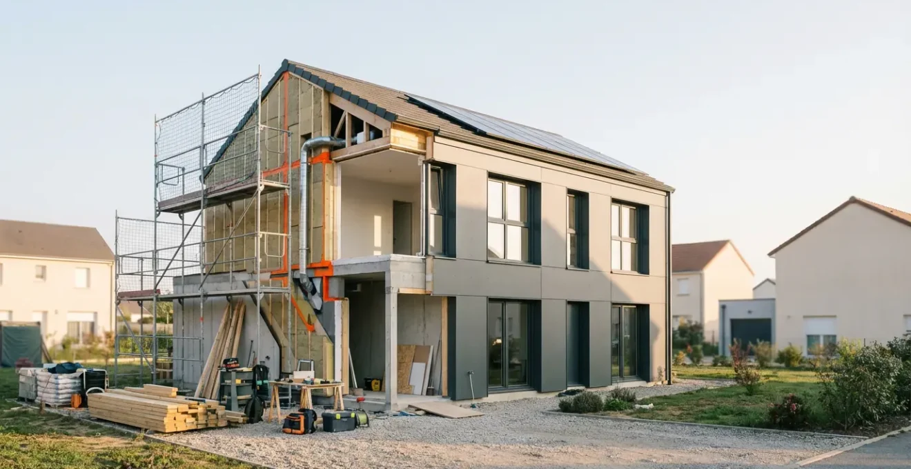 Maison moderne avec isolation thermique visible et équipements de rénovation énergétique intégrés