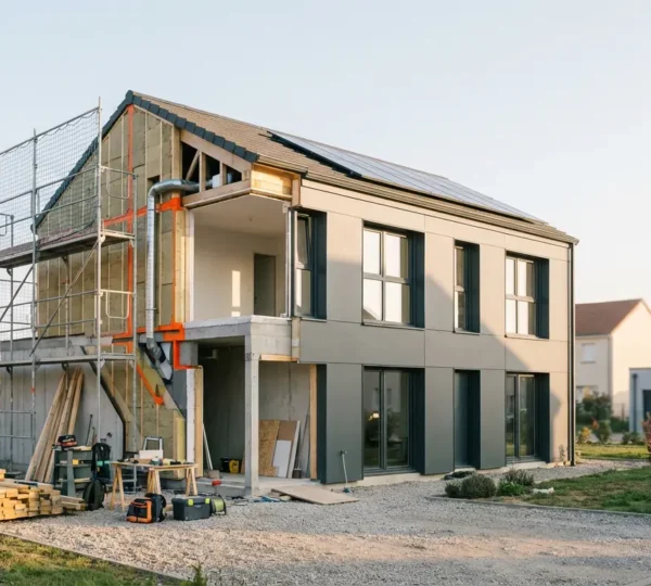 Maison moderne avec isolation thermique visible et équipements de rénovation énergétique intégrés