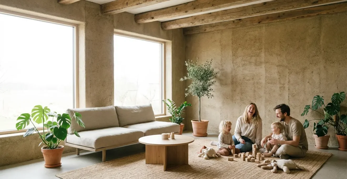 Vue intérieure d'une maison construite avec des matériaux biosourcés montrant une famille avec enfants dans un environnement lumineux et sain