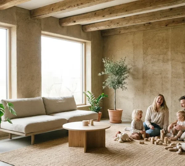 Vue intérieure d'une maison construite avec des matériaux biosourcés montrant une famille avec enfants dans un environnement lumineux et sain