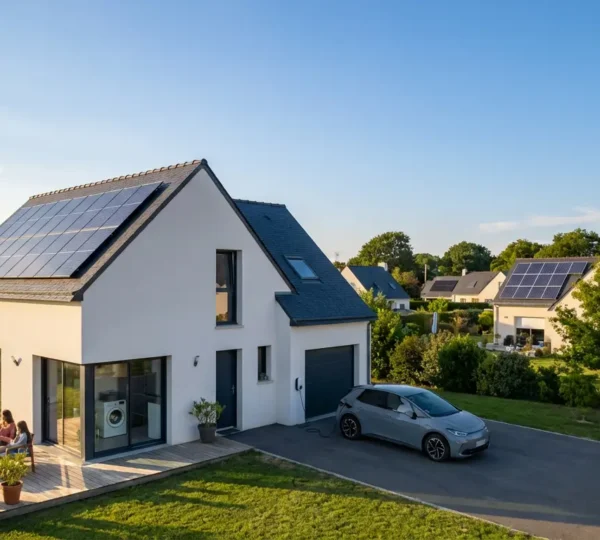 Vue aérienne d'une maison moderne avec panneaux solaires sur le toit et famille profitant du jardin ensoleillé