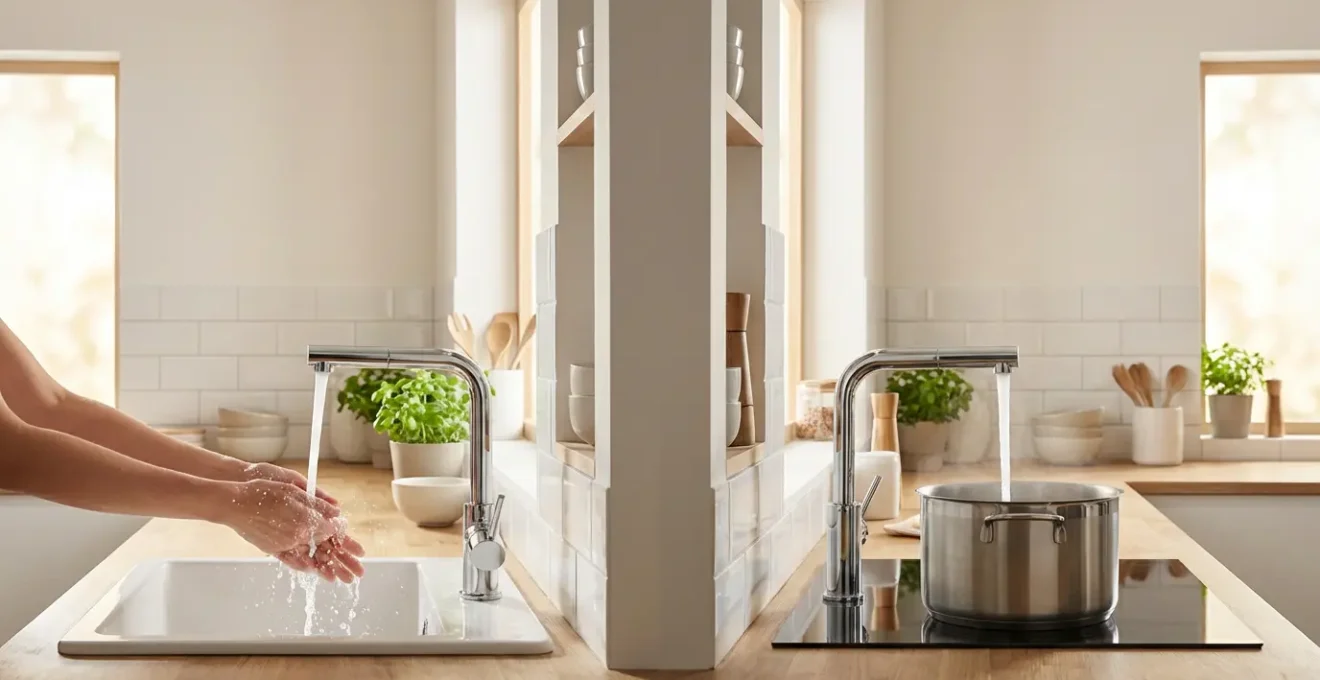 Cuisine moderne avec deux robinets différents montrant les usages variés, lavage de mains au lavabo et remplissage de casserole à l'évier
