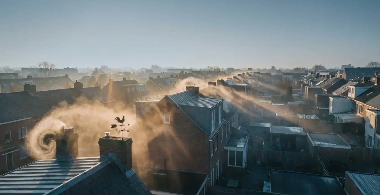 Vue aérienne d'un quartier résidentiel dense montrant les flux de vent tourbillonnants autour des toitures, illustrant les turbulences urbaines