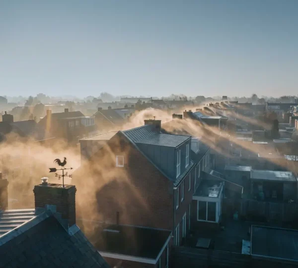 Vue aérienne d'un quartier résidentiel dense montrant les flux de vent tourbillonnants autour des toitures, illustrant les turbulences urbaines