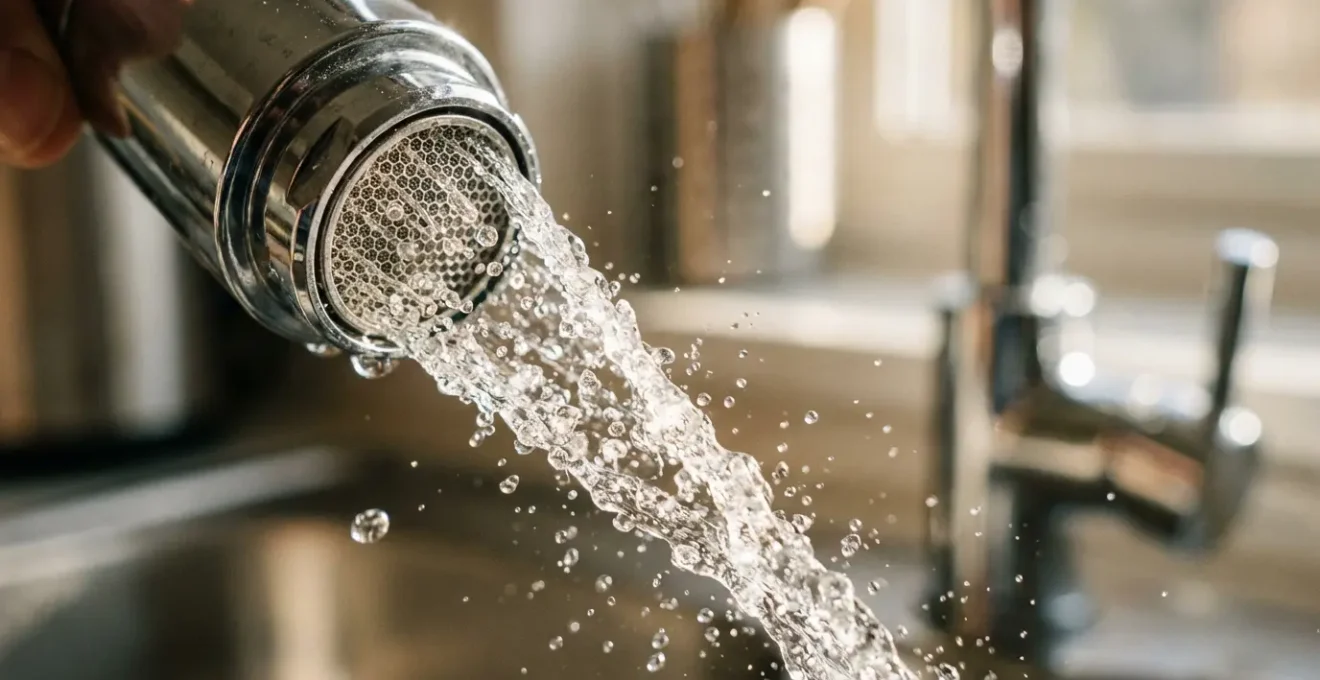 Vue macro d'un mousseur en acier inoxydable installé sur un robinet avec gouttelettes d'eau aérées et arrière-plan flou de cuisine moderne