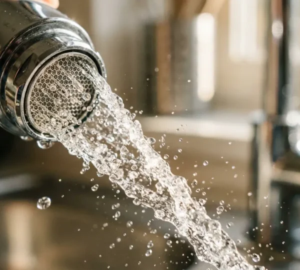 Vue macro d'un mousseur en acier inoxydable installé sur un robinet avec gouttelettes d'eau aérées et arrière-plan flou de cuisine moderne