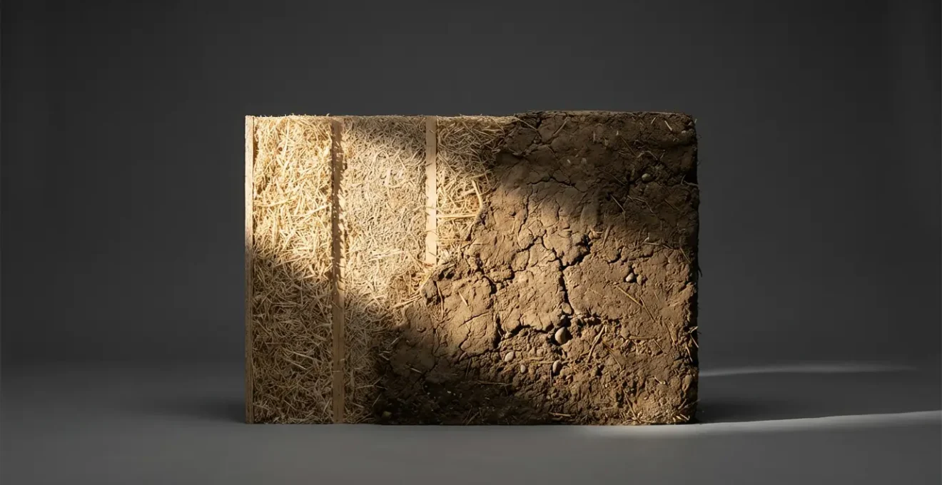 Coupe d'un mur en pisé avec isolation perméable à la vapeur d'eau