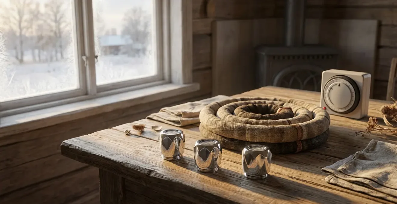Arrangement minimaliste de produits d'économie d'énergie sur table en bois avec lumière naturelle hivernale