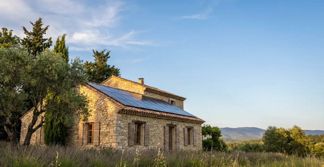 Installation de panneaux solaires sur une toiture ancienne avec tuiles terracotta sous un ciel ensoleillé