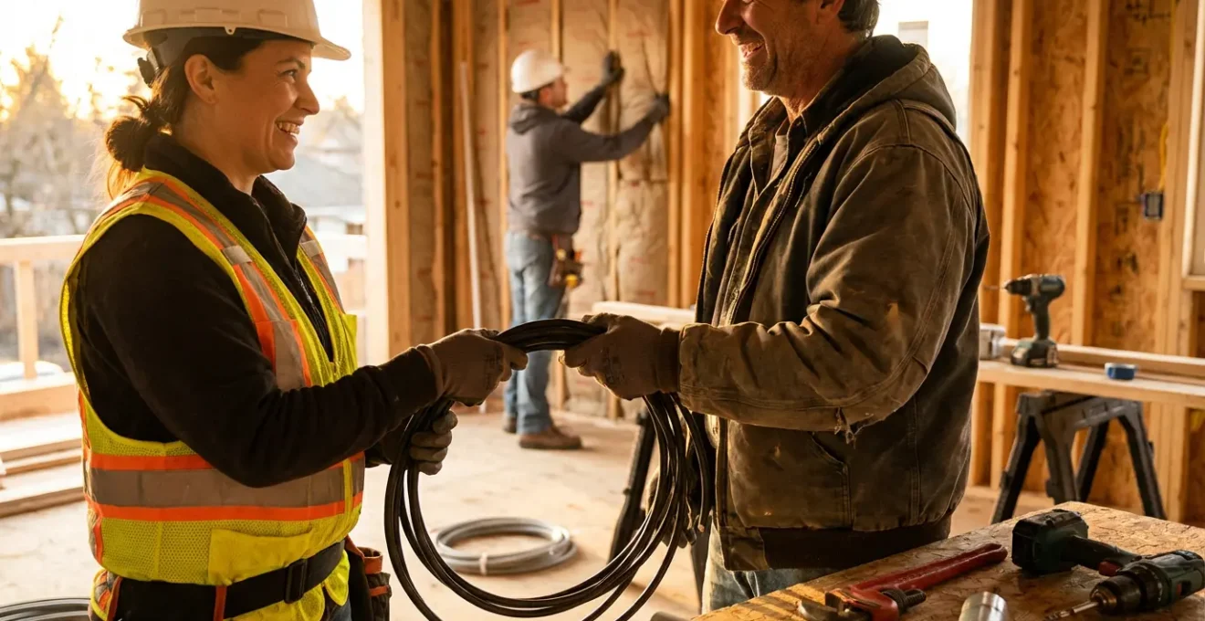 Vue aérienne d'un chantier de rénovation avec différents corps de métier travaillant simultanément