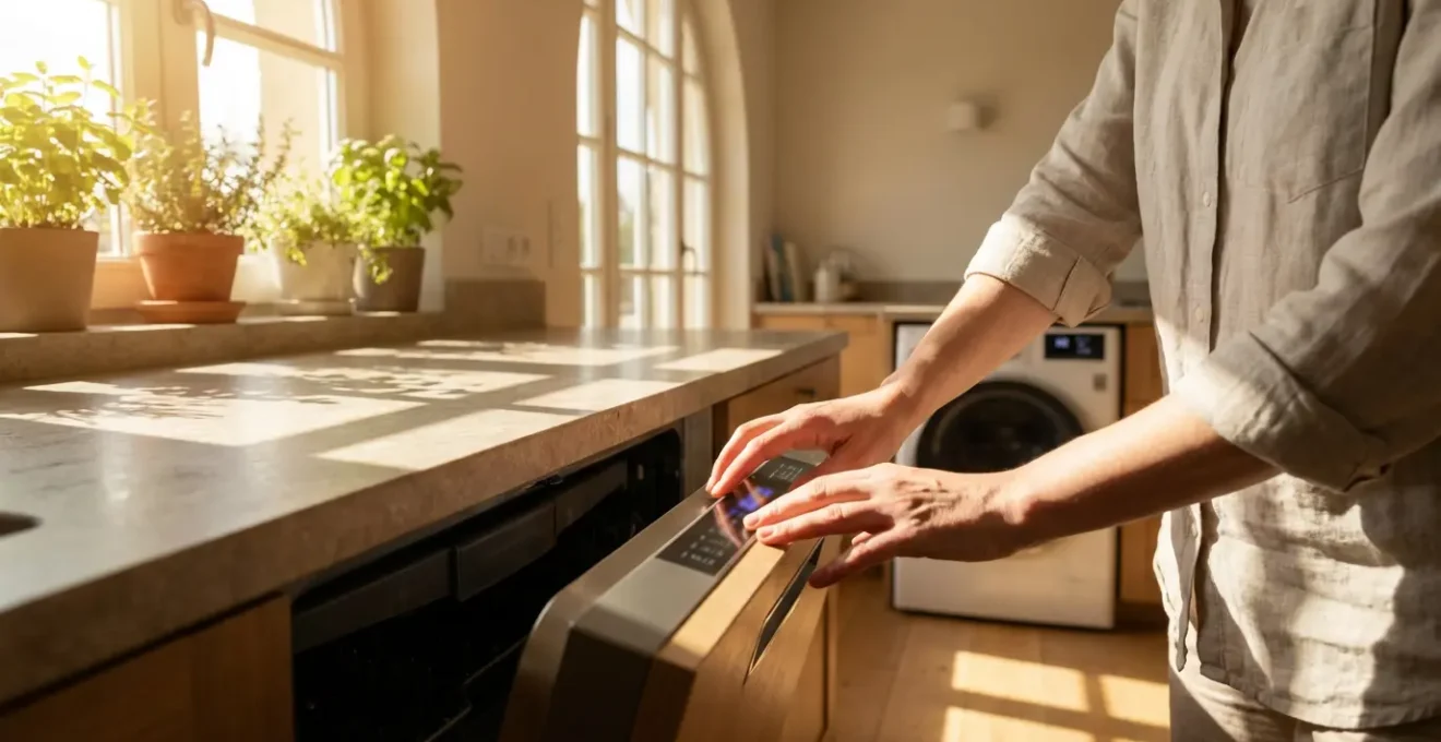 Cuisine moderne avec lave-vaisselle en fonctionnement pendant la journée ensoleillée, lumière naturelle abondante