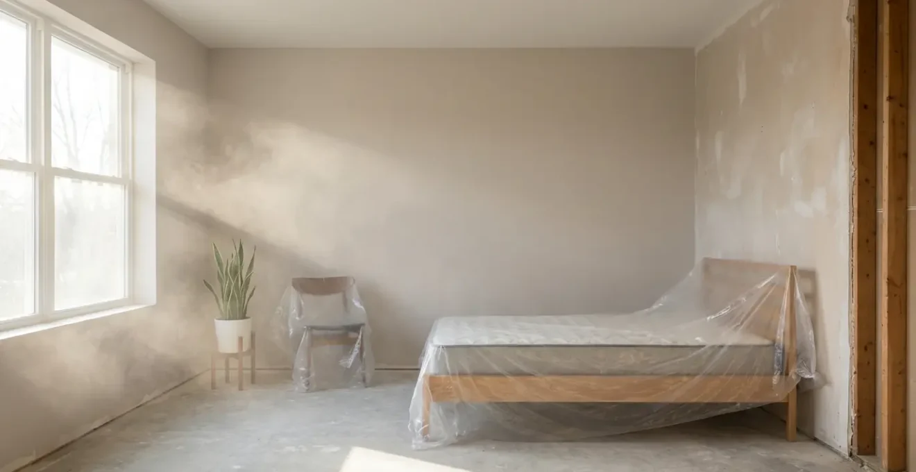 Vue d'une chambre en rénovation avec des murs fraîchement peints montrant les effets invisibles de la pollution de l'air intérieur