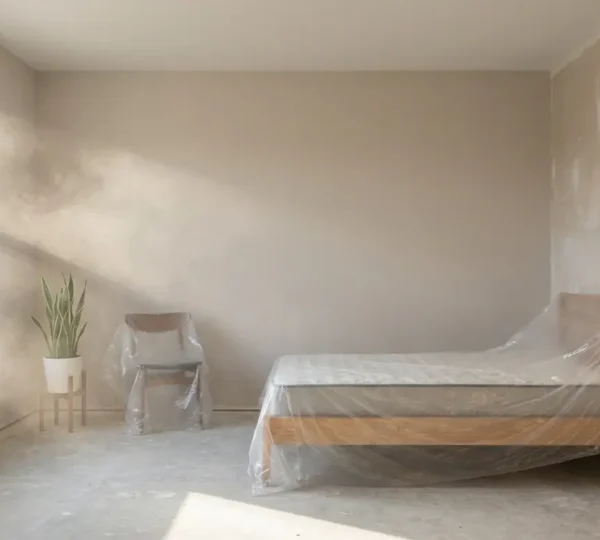 Vue d'une chambre en rénovation avec des murs fraîchement peints montrant les effets invisibles de la pollution de l'air intérieur