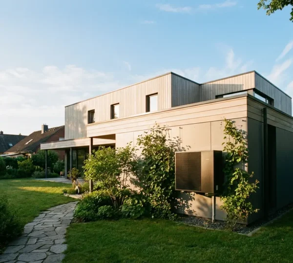 Vue d'une maison moderne équipée d'une pompe à chaleur air-eau avec unité extérieure visible et flux de chaleur représentés