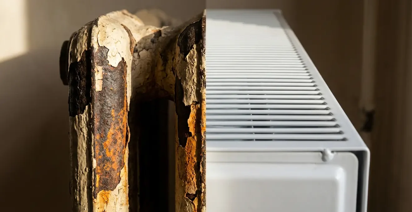 Comparaison visuelle entre radiateur fonte ancien et radiateur acier moderne Type 22