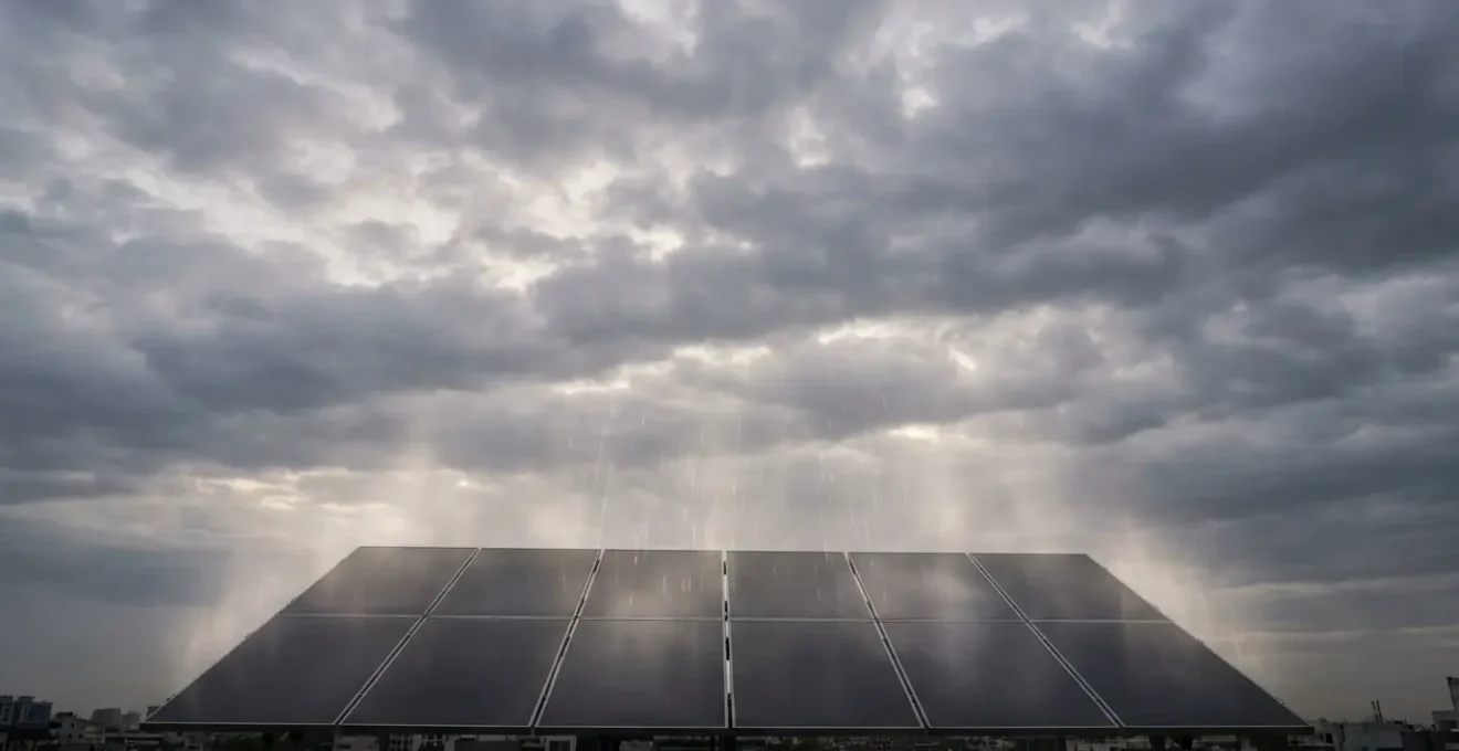 Panneaux solaires captant la lumière diffuse sous un ciel nuageux