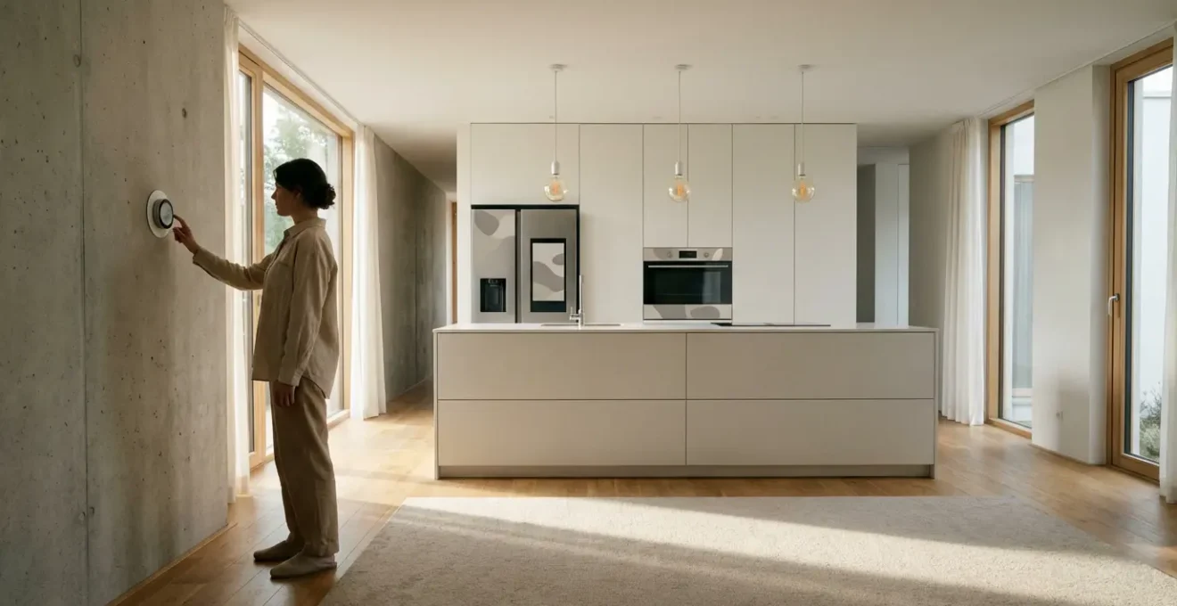 Vue intérieure d'une maison moderne avec équipements économes en énergie visibles